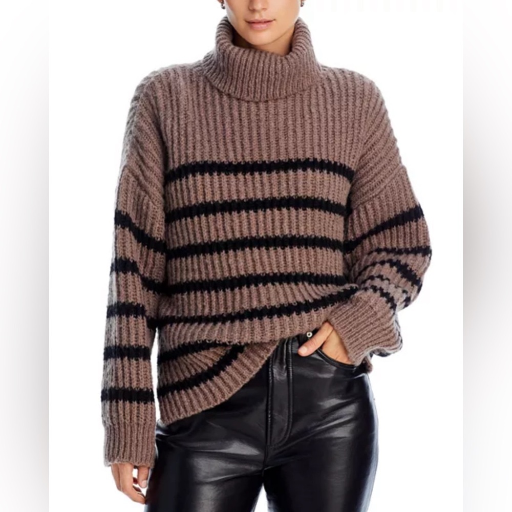 Striped Tan and Black Turtleneck Sweater